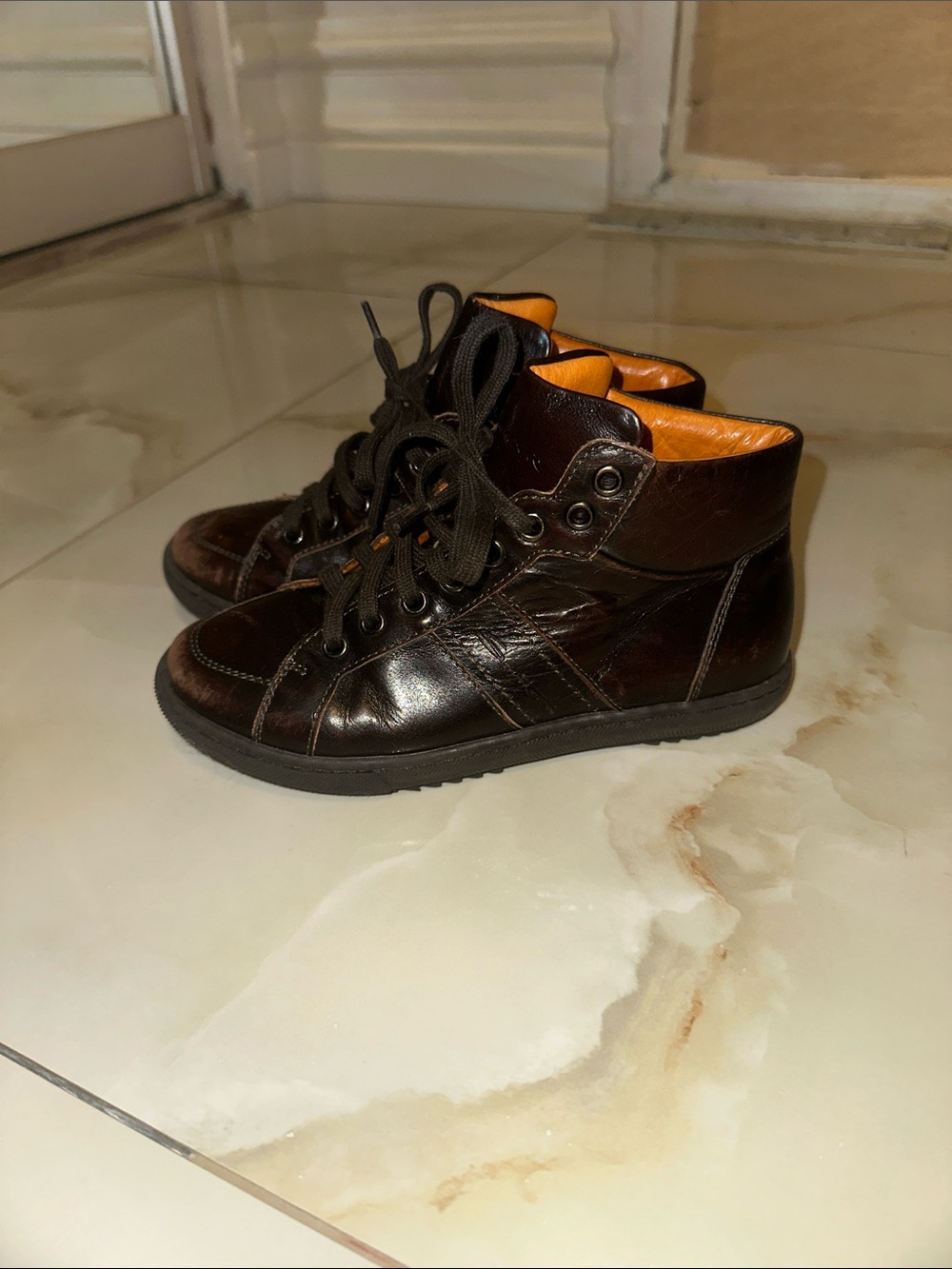 Santoni Dark Brown Kids High-Top Sneakers with Orange Lining